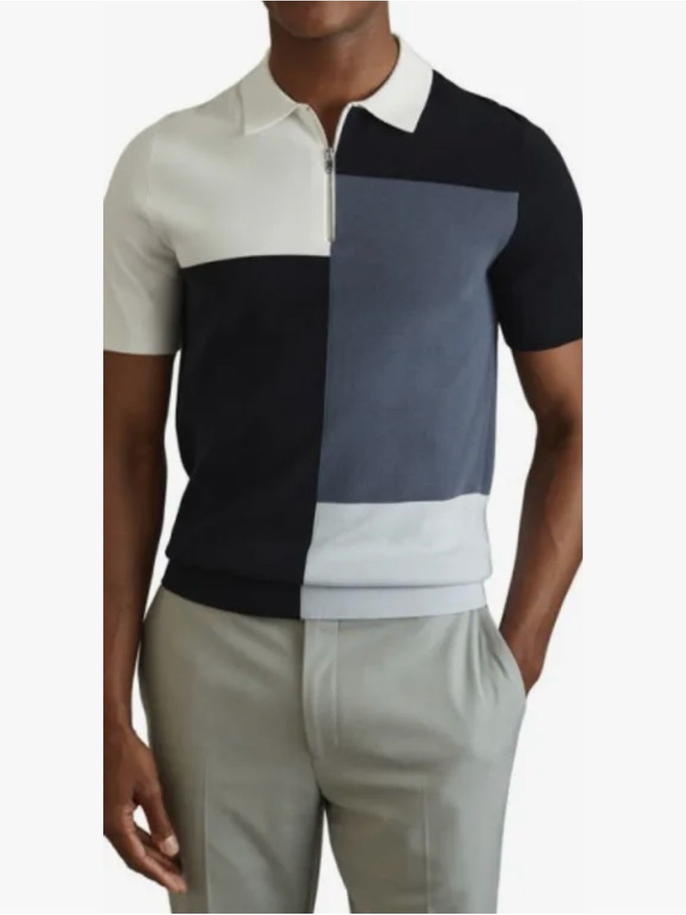 Reiss Men's Colorblock Zip Polo in Black, Gray & White, pre-owned